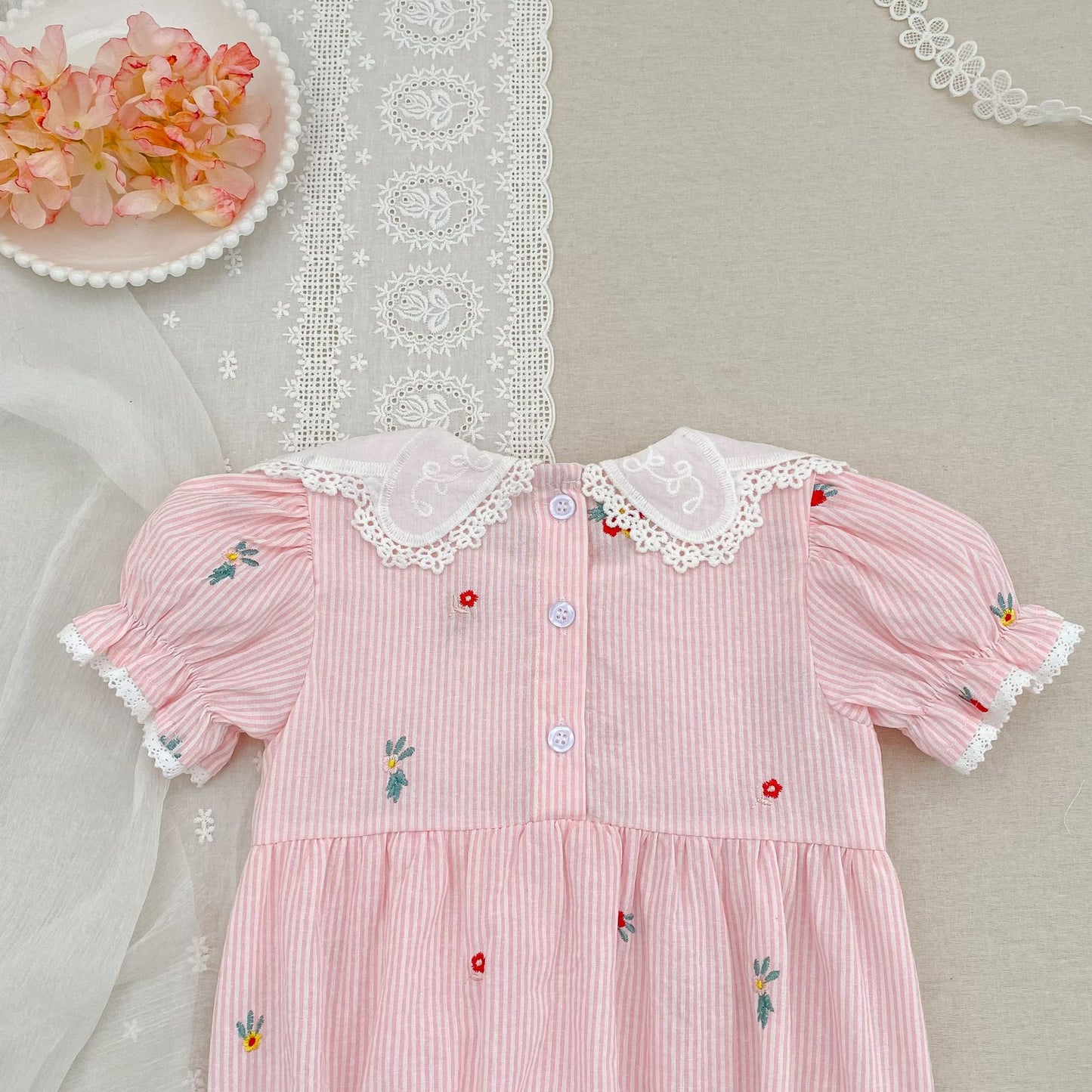 Stripe Embroidery Romper Dress Mono-vestido con bordados de rayas [mh0013168]
