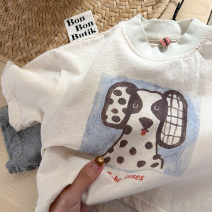 生成り半袖Tシャツ、ダルメシアン風の犬イラストプリント