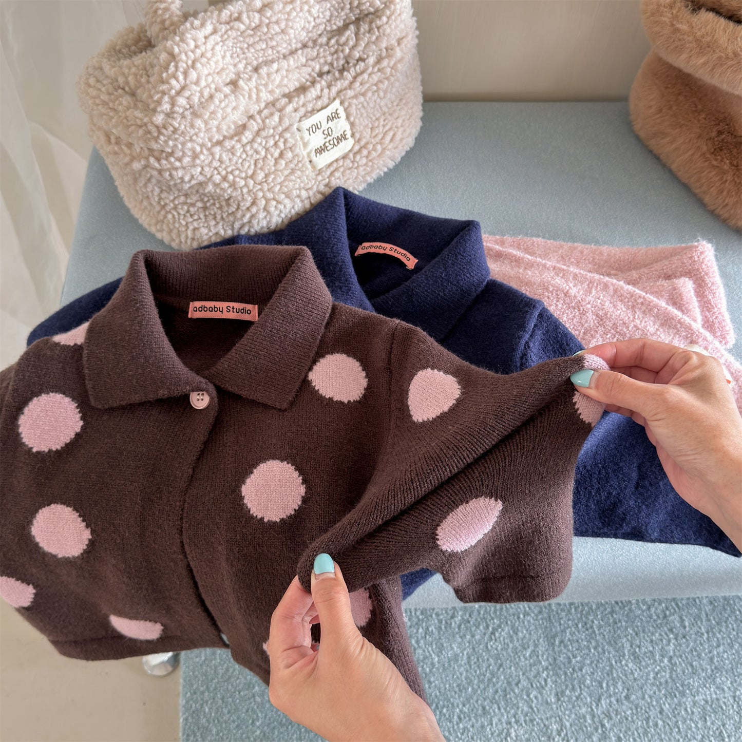 Kids' Polka Dot Collared Button-Up Long-Sleeve Knit Cardigan [mh0014056]