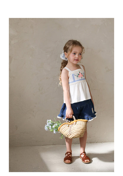 Lace Print Denim Shorts フリル デニムショートパンツ【mh0012981】