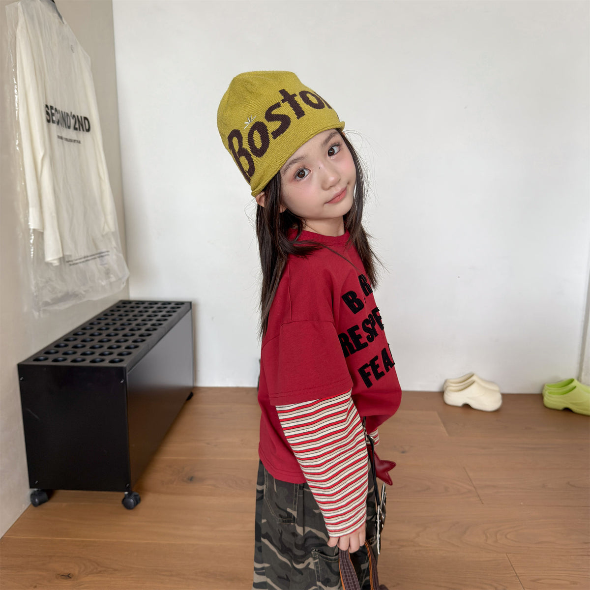 キッズ ボーダープリント レイヤード風 長袖Tシャツ【mh0014556】