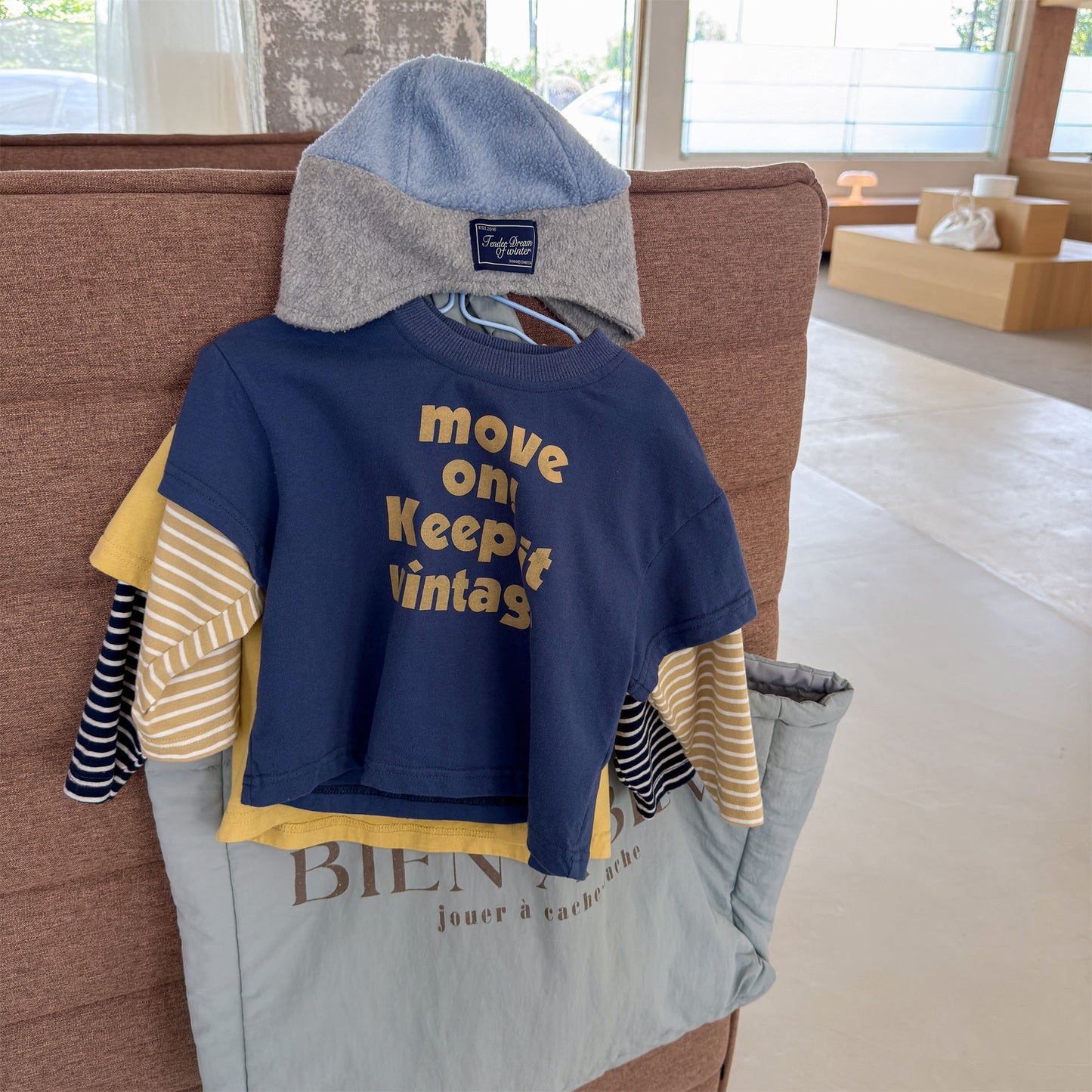 キッズ ボーダー レイヤード風 英字プリント ルーズ 長袖Tシャツ【mh0014068】