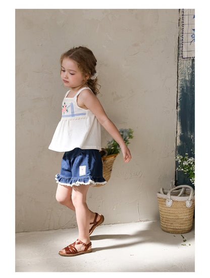 Lace Print Denim Shorts フリル デニムショートパンツ【mh0012981】