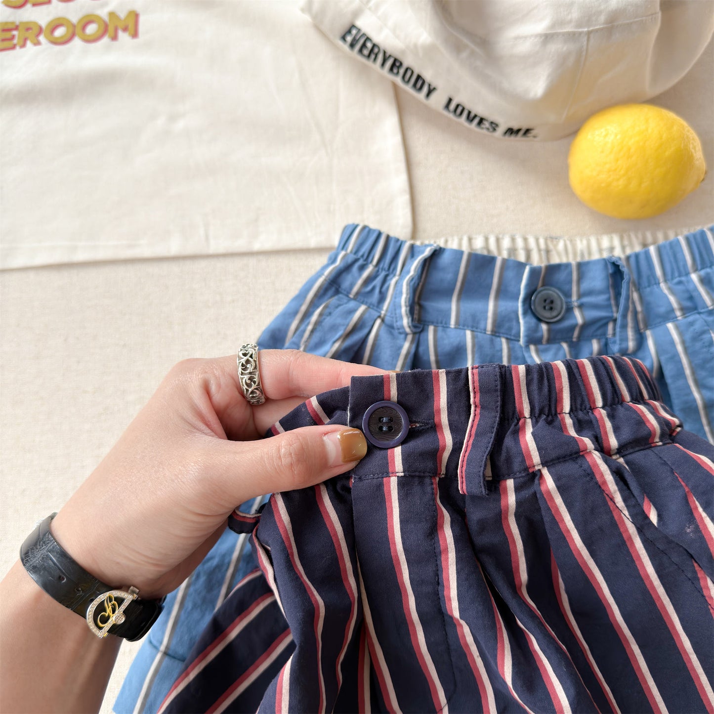 Navy Red Stripe Cotton Shorts ストライプ ショートパンツ【mh0012664】