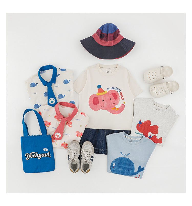 Elephant Whale Shirt ネクタイ付 アニマル 半袖シャツ【mh0012735】