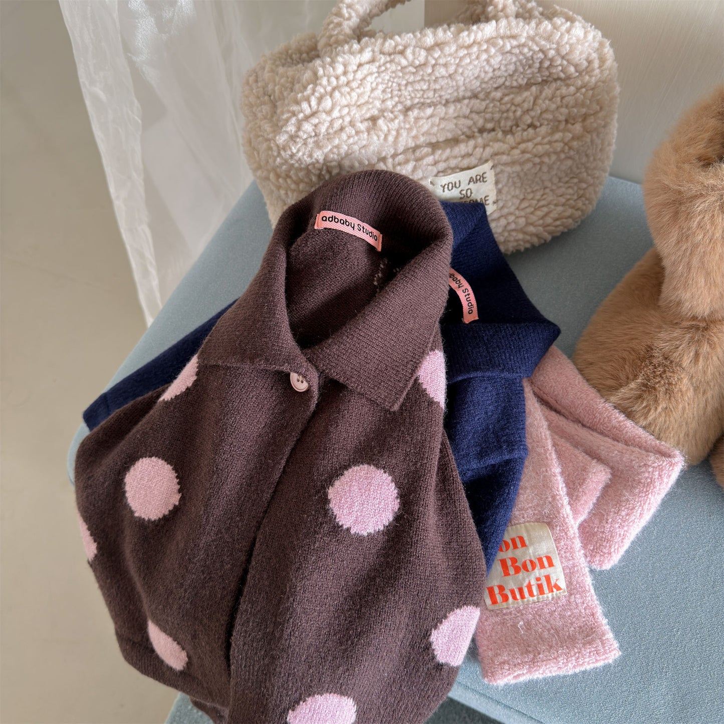 Kids' Polka Dot Collared Button-Up Long-Sleeve Knit Cardigan [mh0014056]