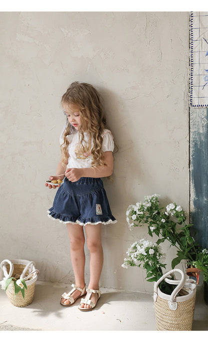 Lace Print Denim Shorts フリル デニムショートパンツ【mh0012981】