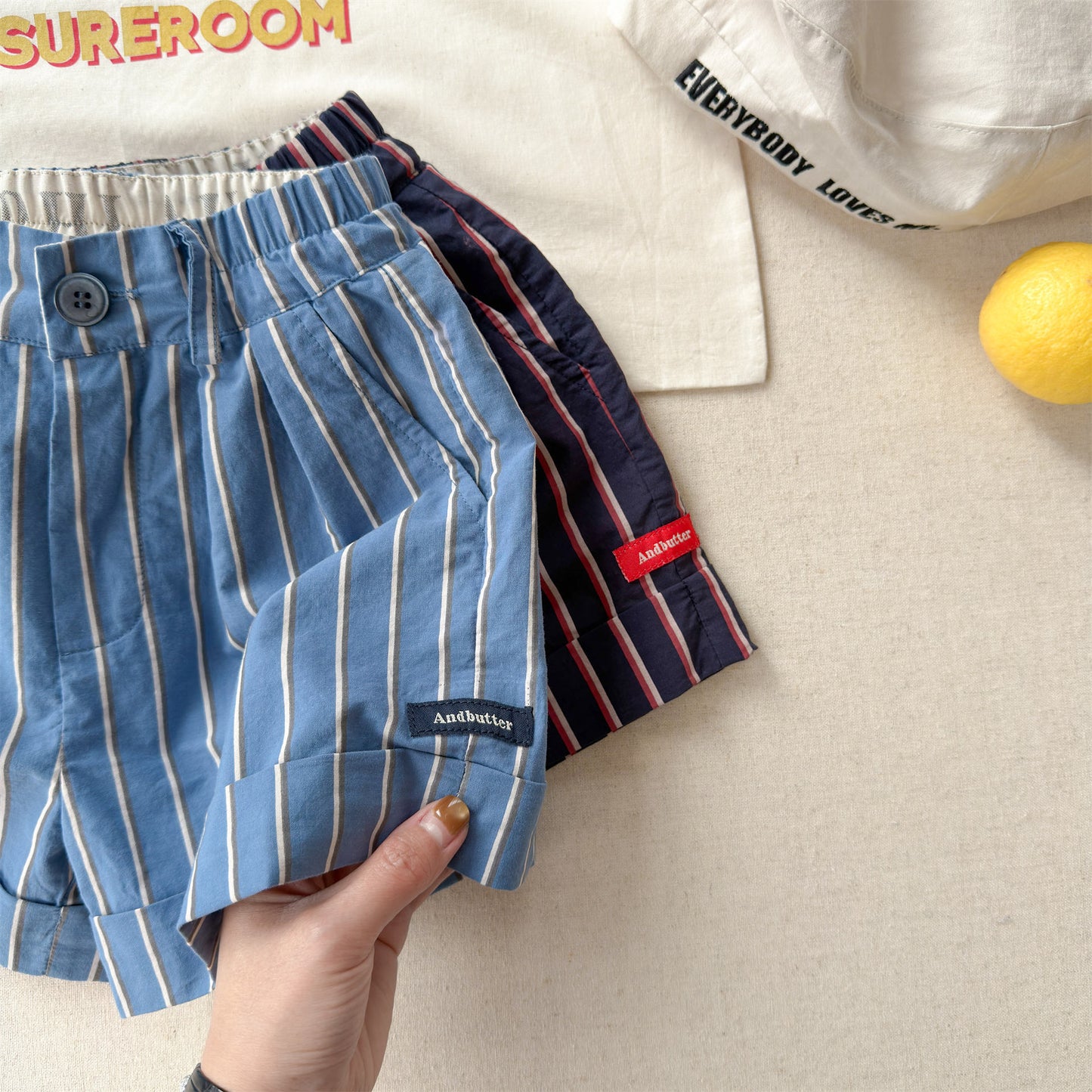 Navy Red Stripe Cotton Shorts ストライプ ショートパンツ【mh0012664】