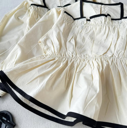 27ins Primavera y otoño rusa: elegante blusa entallada de manga larga para niña, de algodón y lino, con bloques de color blanco y negro y diseño 3D【mh0014747】