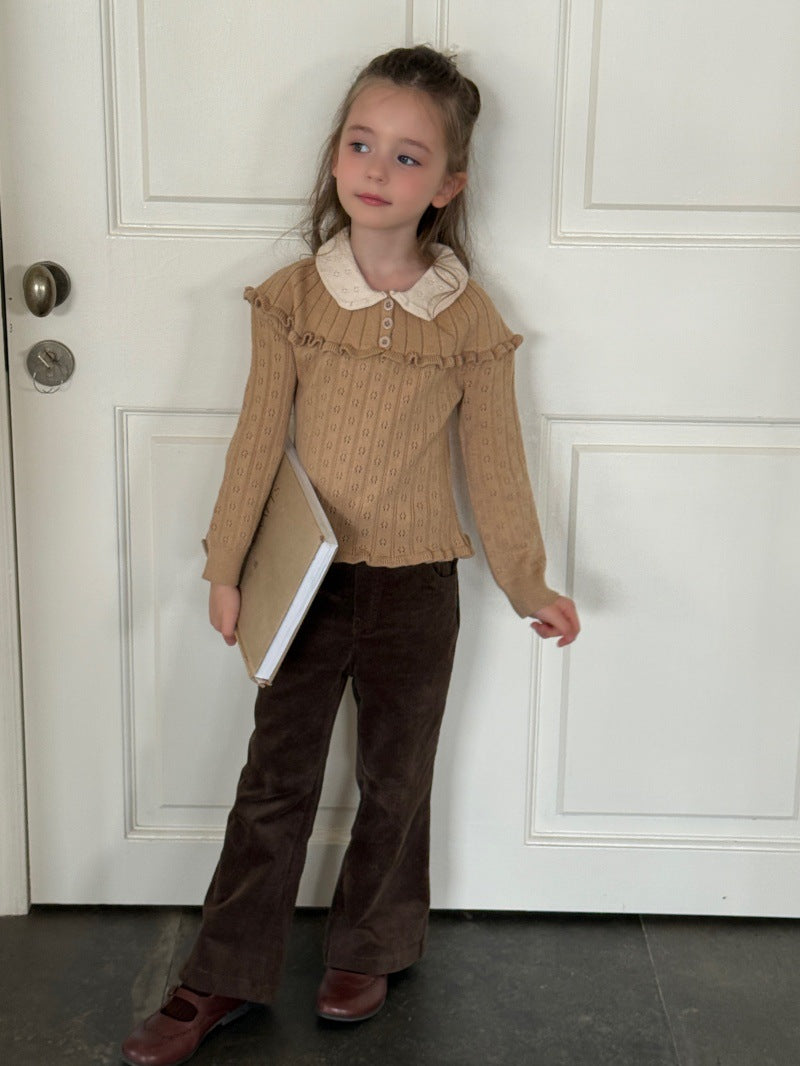 Kids' Color Blocked Crew Neck Mellow Ruffled See-Through Knit Long Sleeve Sweater