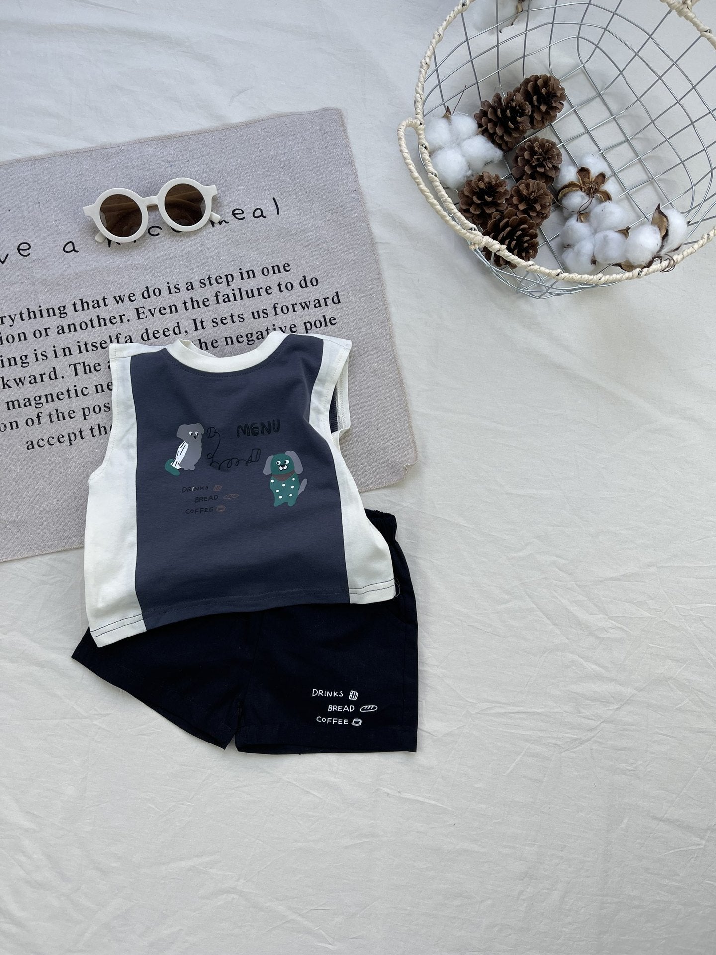 Cartoon Graphic Cotton Vest Set アニマル ノースリーブTシャツ ショートパンツセット【mh0012923】