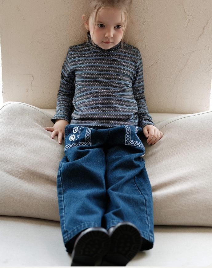 ワイドデニムパンツ 刺繍 ジーンズ キッズ 女の子 ボトムス【mh0011568】