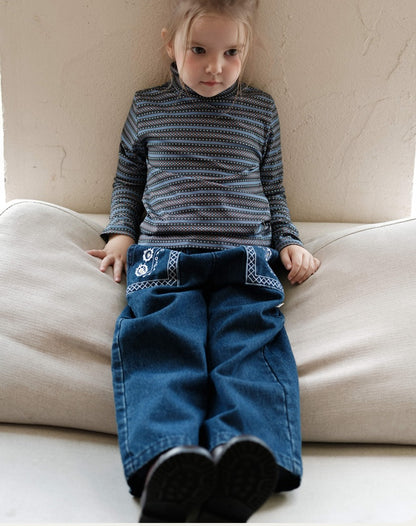 ワイドデニムパンツ 刺繍 ジーンズ キッズ 女の子 ボトムス【mh0011568】