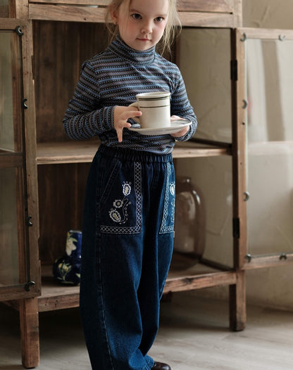 ワイドデニムパンツ 刺繍 ジーンズ キッズ 女の子 ボトムス【mh0011568】