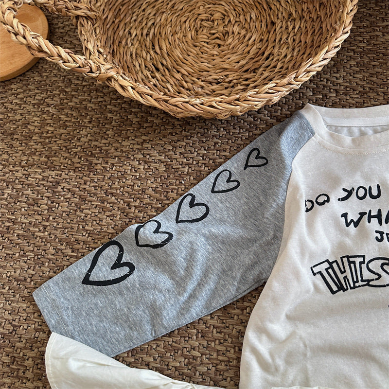 キッズ ハート 英字プリント ラグランスリーブ クルーネック 長袖Tシャツ【mh0014155】