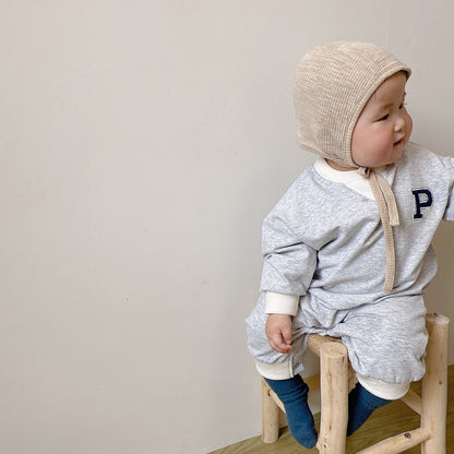 Baby One-Point Initial Color-Blocked Piping Long-Sleeve Romper【mh0014635】