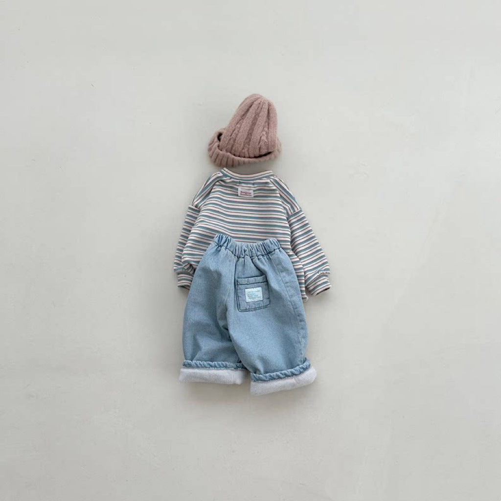 Pantalones largos de mezclilla con forro polar para bebés y niños 【mh0014653】