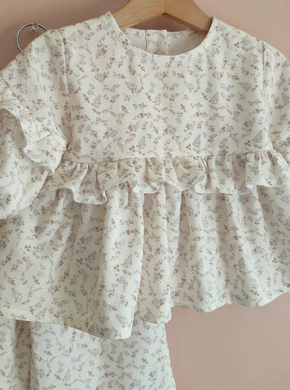 【mh0014750】2027 INS Ruso Top floral de muñeca de algodón para niñas + Pantalones anchos de encaje, Dos piezas francesas para niños
