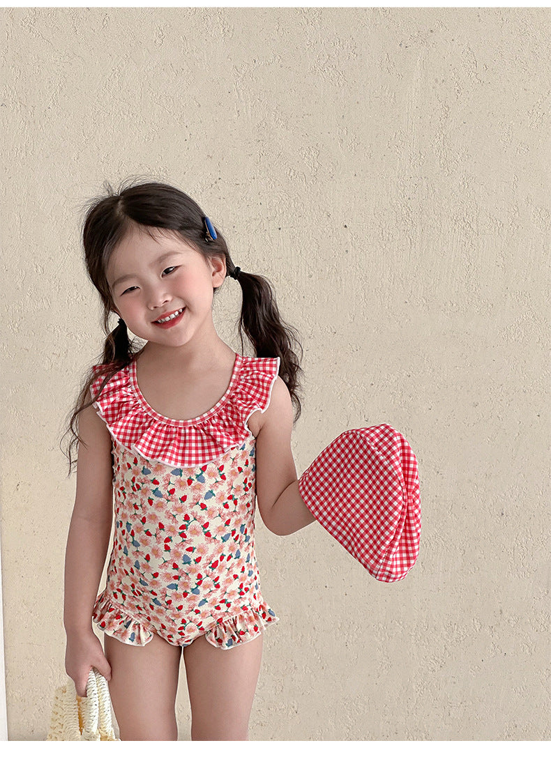 UPF50 Plus Floral Gingham Ruffled One-piece 花柄 ギンガムチェック 水着【mh0012599】