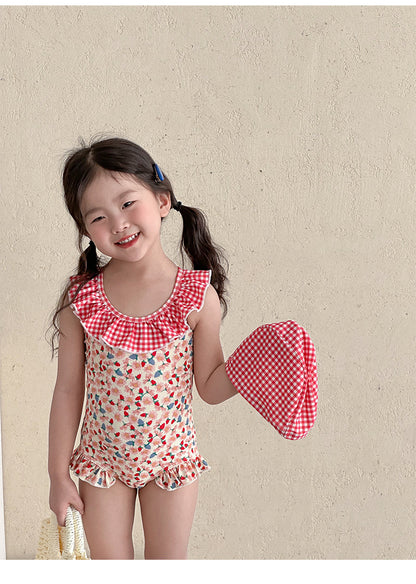 UPF50 Plus Floral Gingham Ruffled One-piece 花柄 ギンガムチェック 水着【mh0012599】