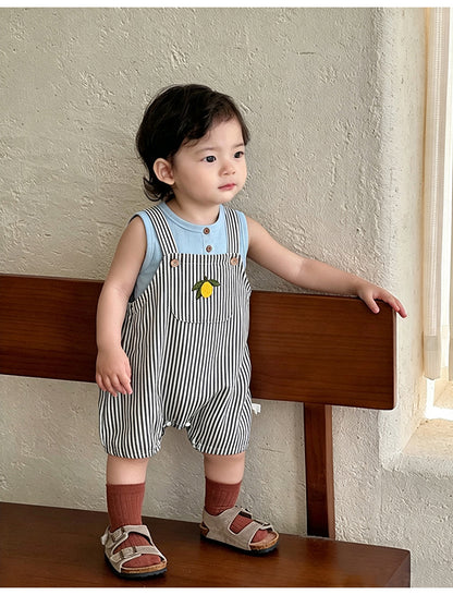 Lemon Striped Bib Shorts ストライプ 刺繍サロペット【mh0013036】