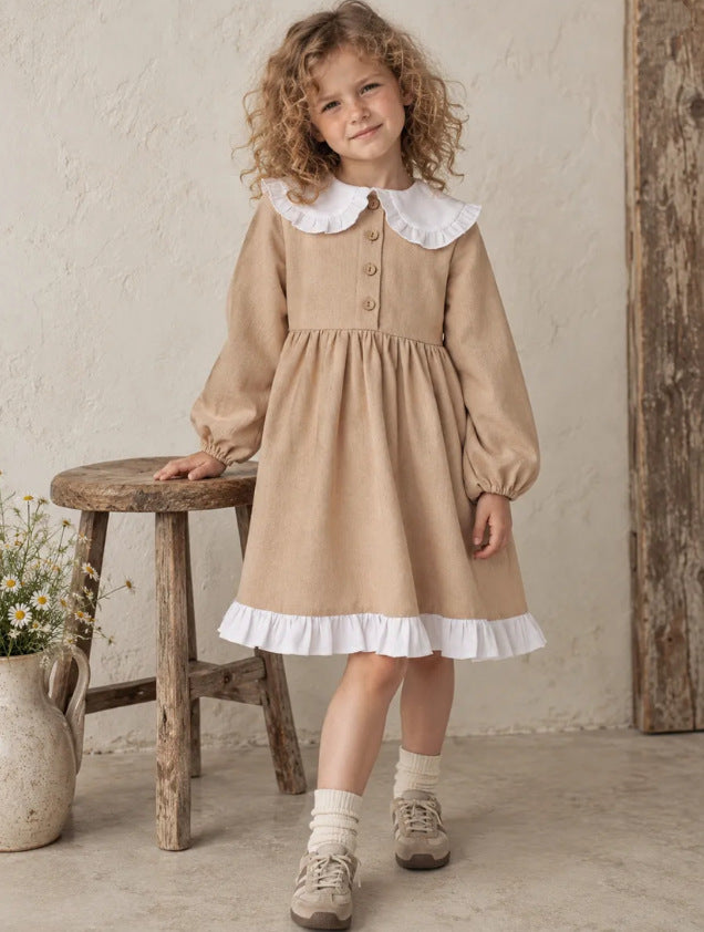2027 INS Rusia Vestido sencillo de lino y algodón para niña con cuello de muñeca y encaje, vestido de princesa estilo JK infantil【mh0014746】