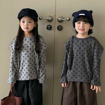 キッズ ドット柄 ドロップショルダー フェイクショール 長袖 Tシャツ【mh0014296】