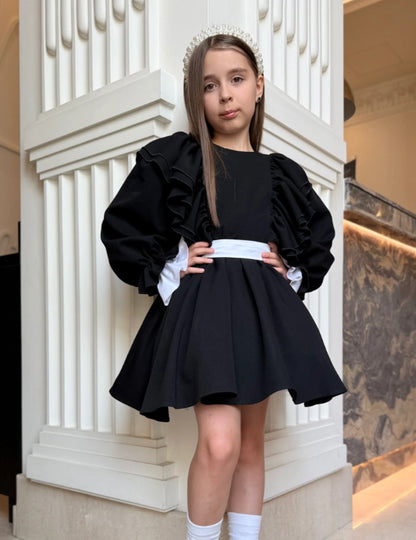 Kids' Ruffle Ribbon Long-Sleeve Dress 【mh0014738】
