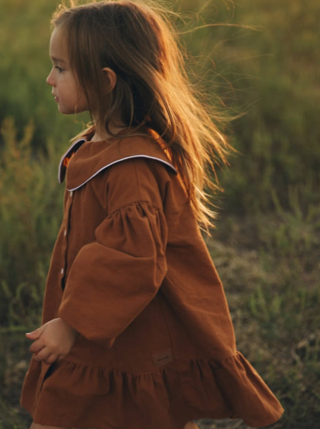 Kids' Piping Round Neck Balloon Sleeve Long Sleeve Dress【mh0014752】