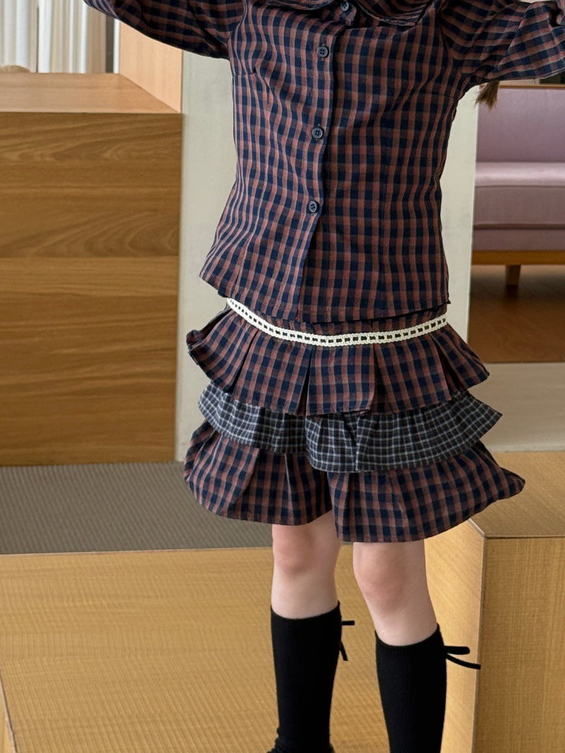 Kids' Plaid Button-Up Long-Sleeve Shirt and Colorblock Tiered Mini Skirt Set [mh0014085]