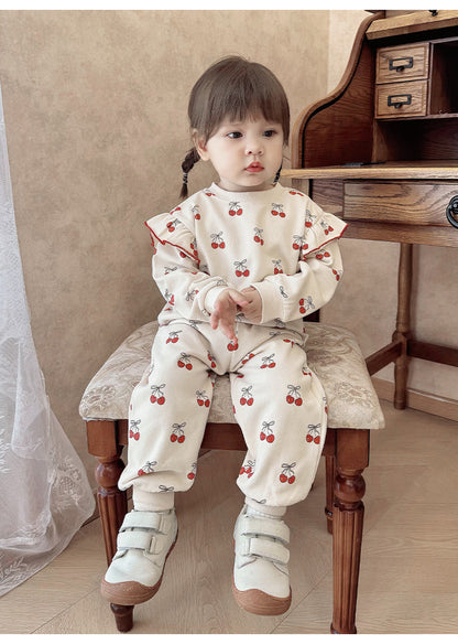 長袖セットアップ チェリープリントフリルスウェットシャツ/スウェットパンツ【mh0011723】