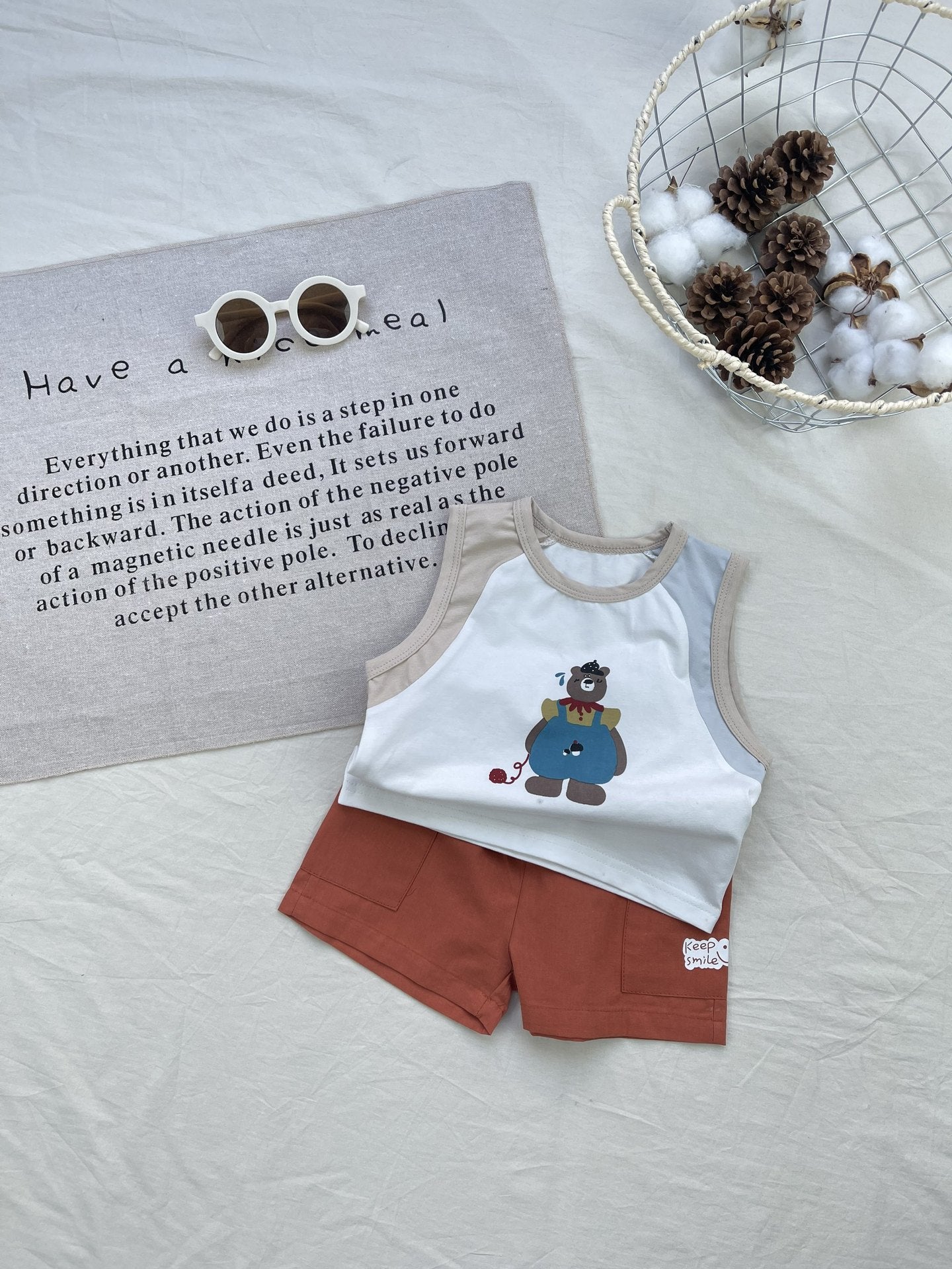 Bear Contrast Graphic Vest Set クマ ノースリーブTシャツ ショートパンツセット【mh0012922】