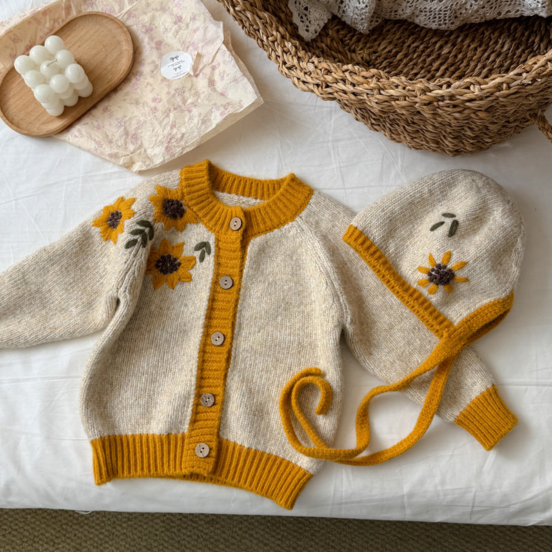 キッズ サンフラワー フラワー 刺繍 帽子付き ニット カーディガン【mh0014531】