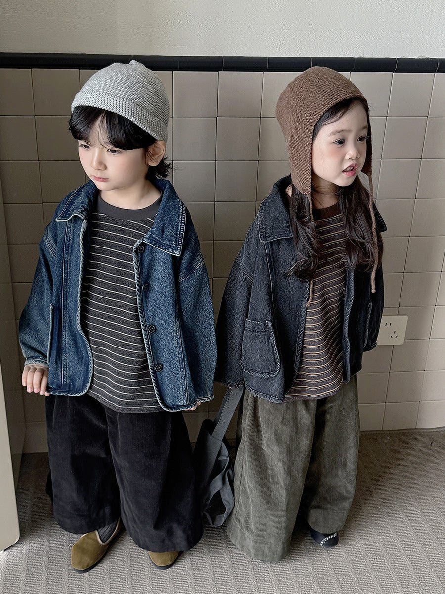 Kids' Denim Jacket with Piping and Pockets【mh0014782】