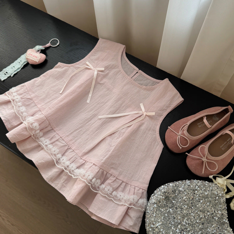 Lace Trim Bow Blouse リボン フリル ノースリーブブラウス【mh0013120】