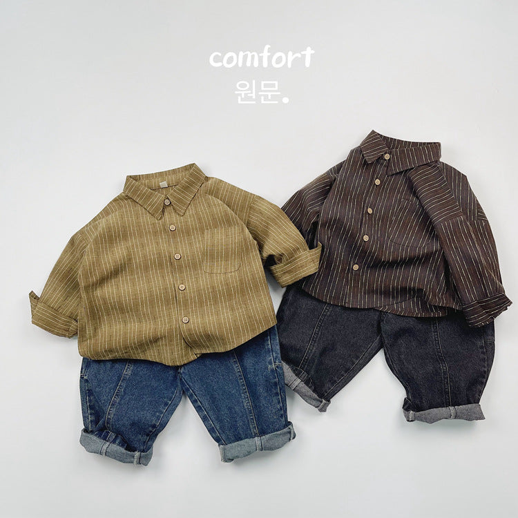 キッズ ストライプ ルーズ ビッグシルエット 長袖シャツ【mh0014591】