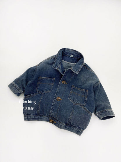 Vintage Wash Denim Drop Shoulder Jacket キッズ デニムジャケット【mh0012570】