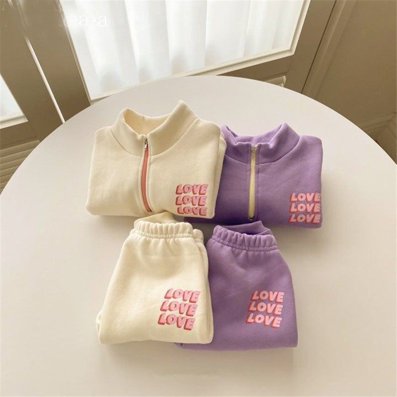 Conjunto de sudadera de manga larga con media cremallera y estampado de logotipo y pantalón largo para bebés y niños 【mh0014638】