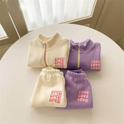 Conjunto de sudadera de manga larga con media cremallera y estampado de logotipo y pantalón largo para bebés y niños 【mh0014638】