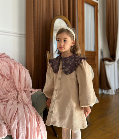 Kids' Floral Corduroy Long-Sleeve Dress with Floral Ruffle Collar【mh0014756】