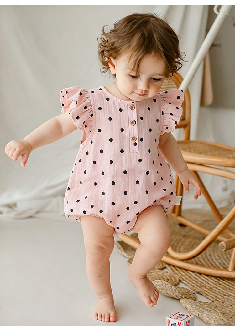 Dot Print Cotton Romper ガーゼ ドット 半袖ロンパース【mh0013040】