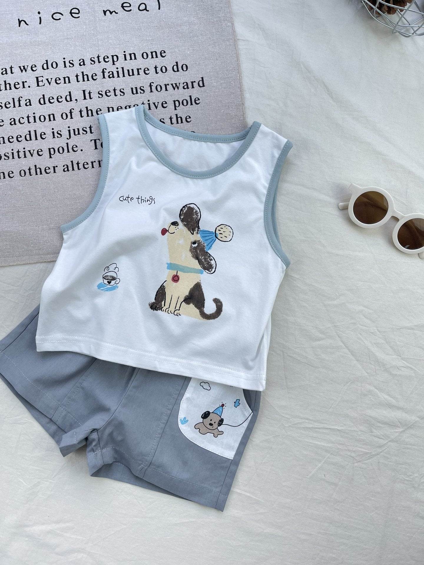 Cartoon Puppy Graphics Vest Set 犬 ノースリーブTシャツ ショートパンツセット【mh0012921】