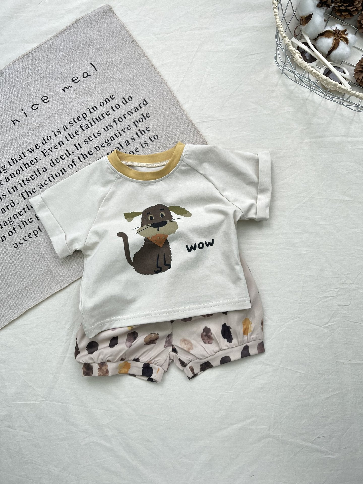 Cartoon Dog Printed Cotton Set ドッグプリント 半袖Tシャツ ショートパンツセット【mh0012918】
