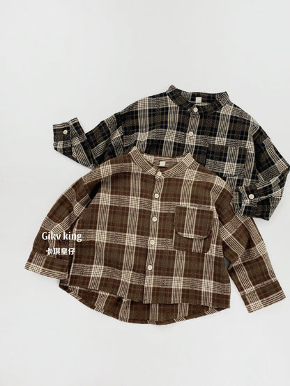 Vintage Plaid Long Sleeve Button Shirt キッズ チェック柄 シャツ【mh0012571】