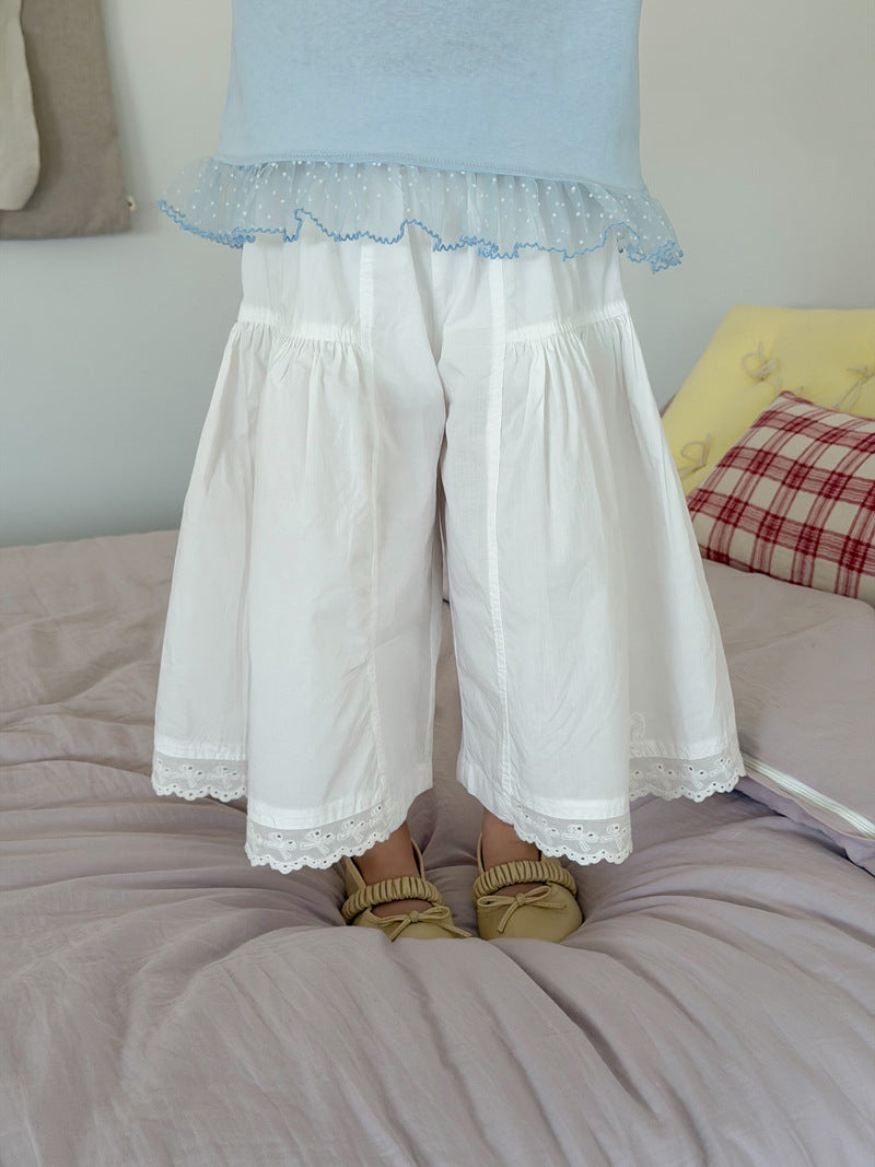 Lace Trim Ruffle Wide-Leg Pants ギャザー ロングパンツ【mh0013114】
