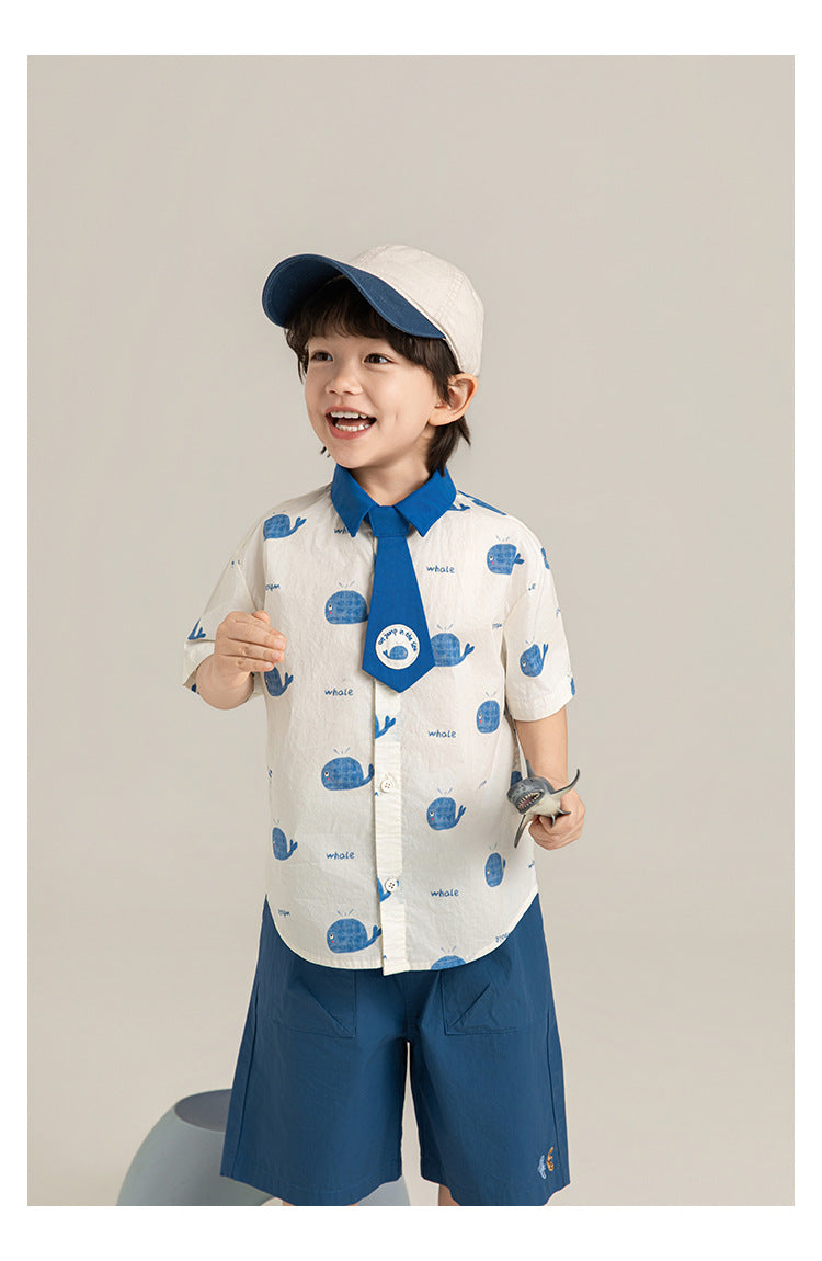 Elephant Whale Shirt ネクタイ付 アニマル 半袖シャツ【mh0012735】