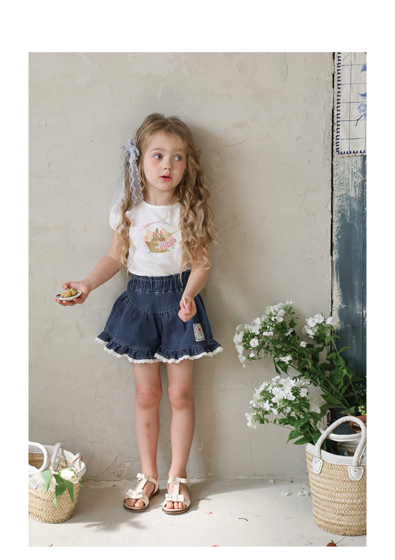 Lace Print Denim Shorts フリル デニムショートパンツ【mh0012981】