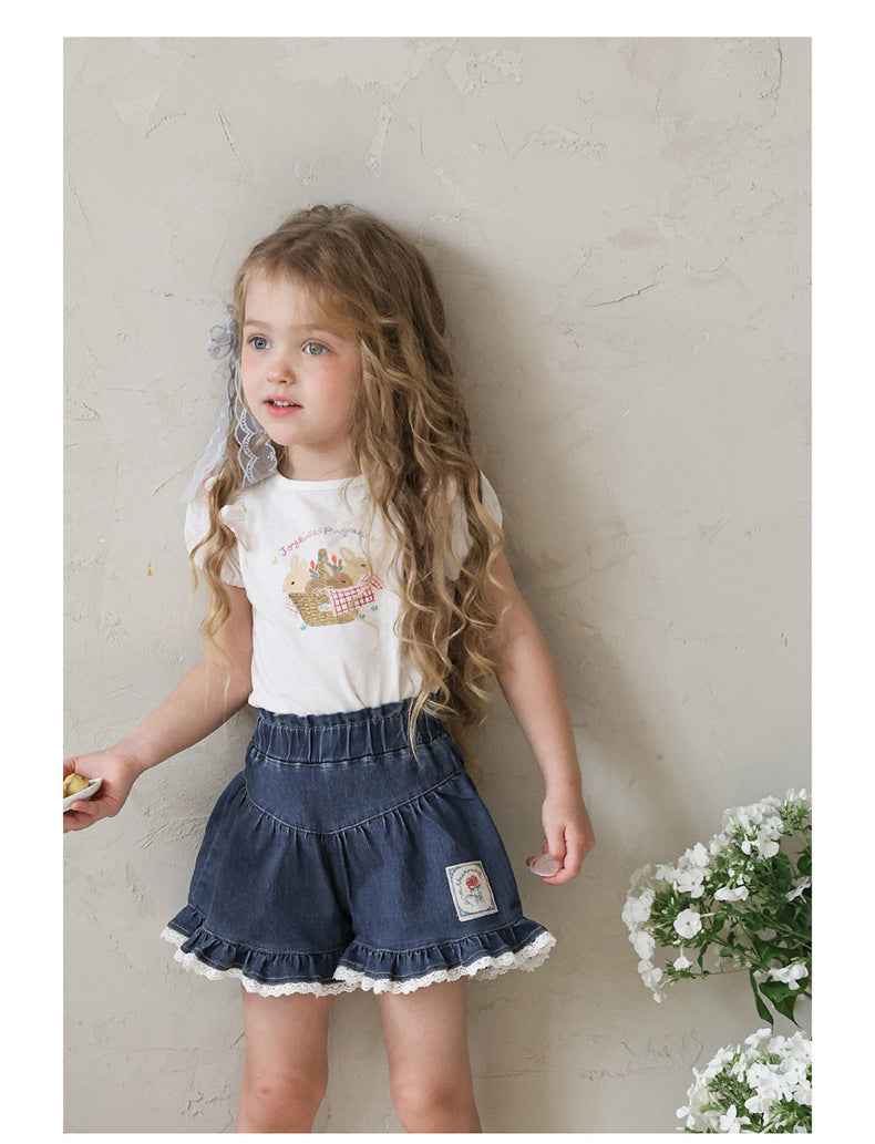 Lace Print Denim Shorts フリル デニムショートパンツ【mh0012981】