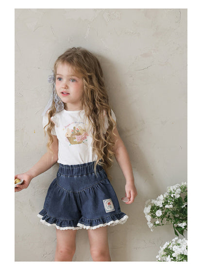 Lace Print Denim Shorts フリル デニムショートパンツ【mh0012981】