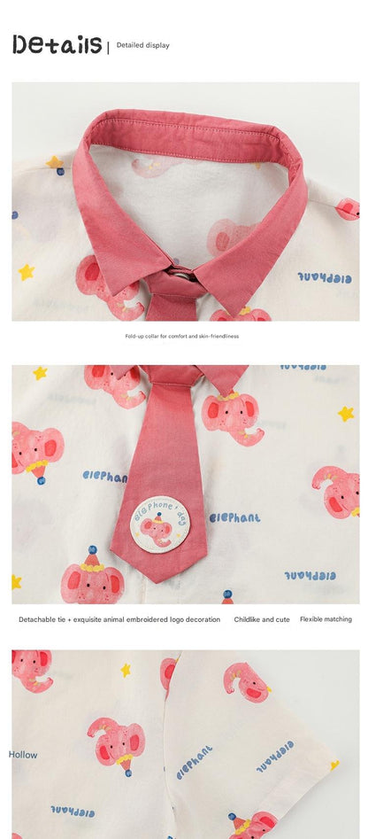 Elephant Whale Shirt ネクタイ付 アニマル 半袖シャツ【mh0012735】